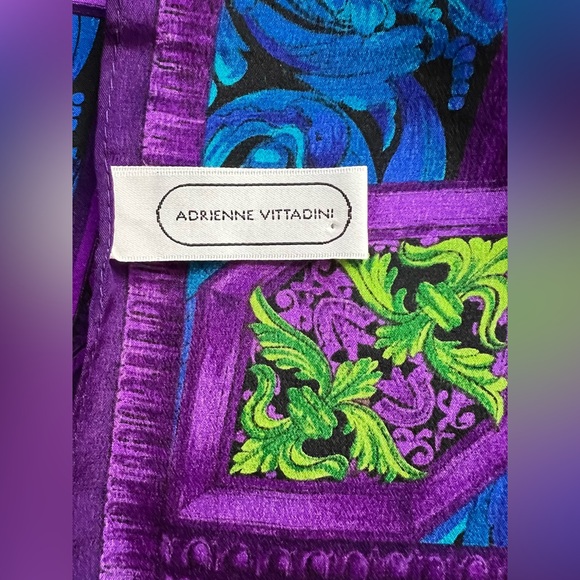 VINTAGE ADRIENNE VITTADINI SILK SCARF Geometric Design Vibrant Purple Green Blue - Picture 10 of 17